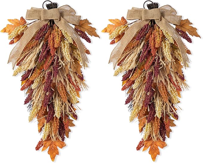 Glitzhome 2 Pcs 28'' Artificial Fall Teardrop Swags, Autumn Harvest Multi-Colored Sorghum Door Swag, Hanging Flower Wreath for Thanksgiving Fall Front Door Window Wall Decor