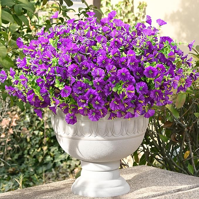 Waipfaru Artificial Flowers for Outdoors, 24 Bundles Faux Plants Outdoor, UV Resistant Artificial Plants Outdoor, Silk Petunias Fake Flowers for Outside Home Decor Planter Porch Decoration, Purple
