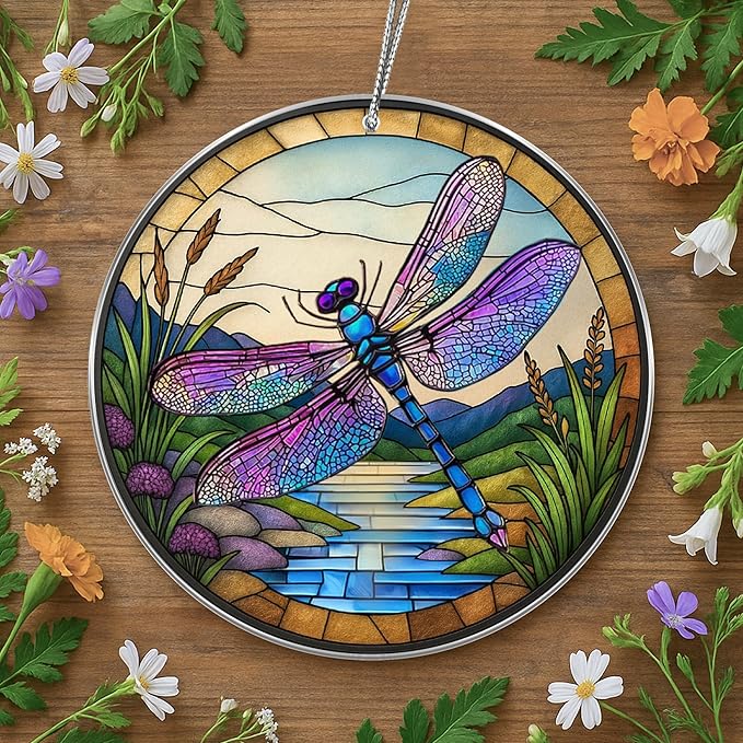 2025 Christmas Ornaments, Christmas Tree Ornaments Acrylic, Faux Stained Glass Effect White Elephant Gifts Exchange, Unique Suncatcher Xmas Stocking Stuffers for Women, Men (Dragonfly)