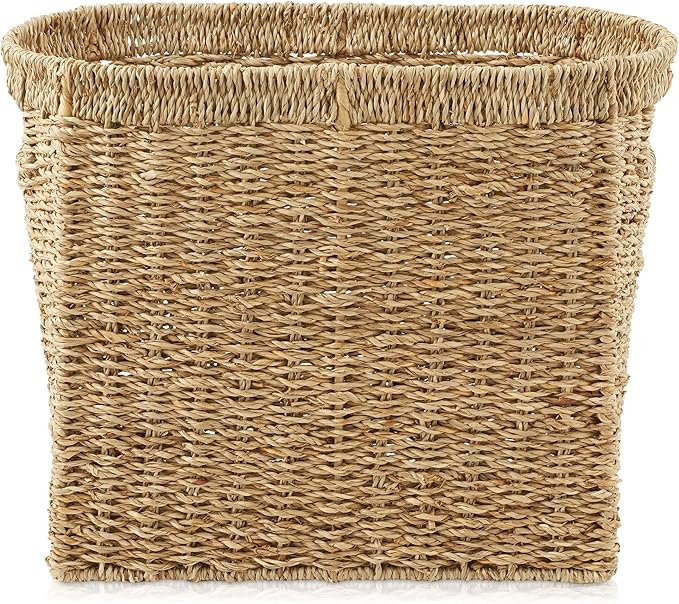 Casafield Woven Magazine Holder with Handles, Natural - Seagrass Storage Basket for Bathroom, Living Room, Home Office