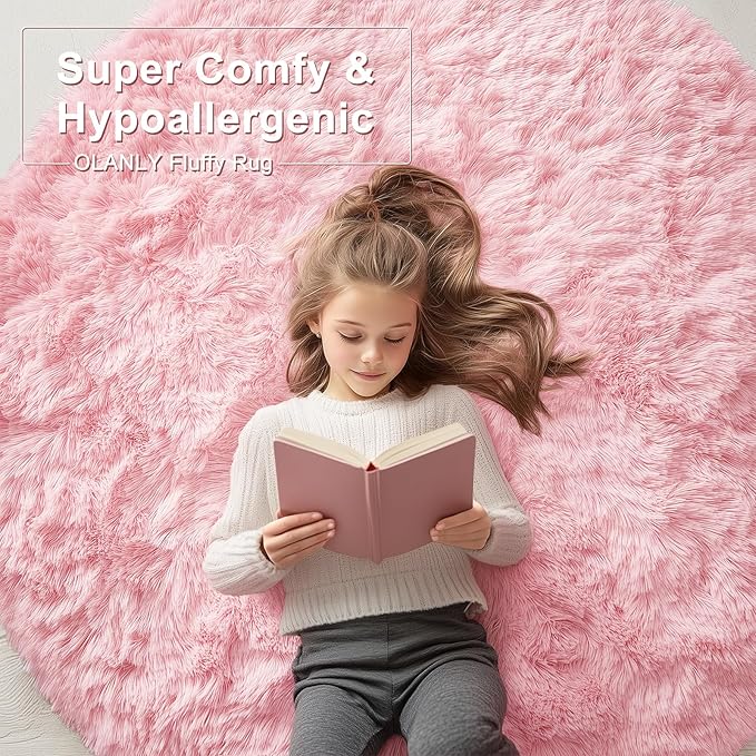 OLANLY Pink Round Rugs for Bedroom - Machine Washable, 8 ft Circle Area Rugs for Living Room, Soft and Fluffy Shaggy Carpet for Teen Girls and Boys, Nursery Rooms, Dorms, Home Decor Aesthetic