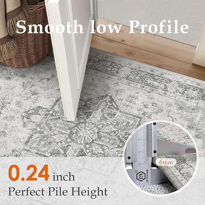 Gray 8x10 Area Rug Washable Vintage Living Room Carpet Non Slip Retro Distressed Low Pile Soft Oriental Medallion Thin Large Grey Throw Rug for Office Bedroom Dining Room Playroom