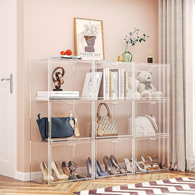 15.75''x11.81''x9.84'' XX-Large Clear Shoe Storage Boxes with Divider, Stackable Plastic Boot Boxes with Magnetic Door, Acrylic display case Box with Lids for Sneaker Purses Handbags Books (1)