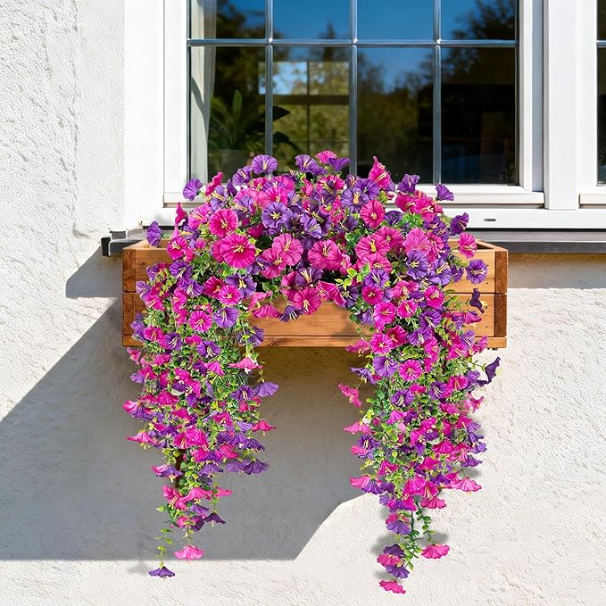 Artificial Hanging Flowers for Outdoors, 2 PCS UV Resistant Faux Silk 150 Morning Glory Each Trailing Vines, Fake Plants for Spring Outdoor Garden Planter Porch Patio Decoration, Fuchsia & LightPurple