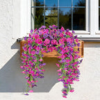 Artificial Hanging Flowers for Outdoors, 2 PCS UV Resistant Faux Silk 150 Morning Glory Each Trailing Vines, Fake Plants for Spring Outdoor Garden Planter Porch Patio Decoration, Fuchsia & LightPurple