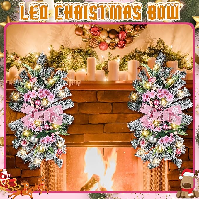 Lyrow 4 Pcs Cordless Prelit Christmas Artificial Swags 24" Xmas Stairway Swag Teardrop Trim with Timer Christmas Staircase Decoration Battery Operated Garland for Indoor Outdoor Railing Decor, Pink