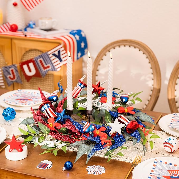 DecorbyHannah Patriotic Wreaths for Front Door, 22 inch 4th of July Wreath for Independence Day, Flag Day, Collapsible Red White Blue Wreath Decorations with Top Hat Ornament for USA 250th Holiday
