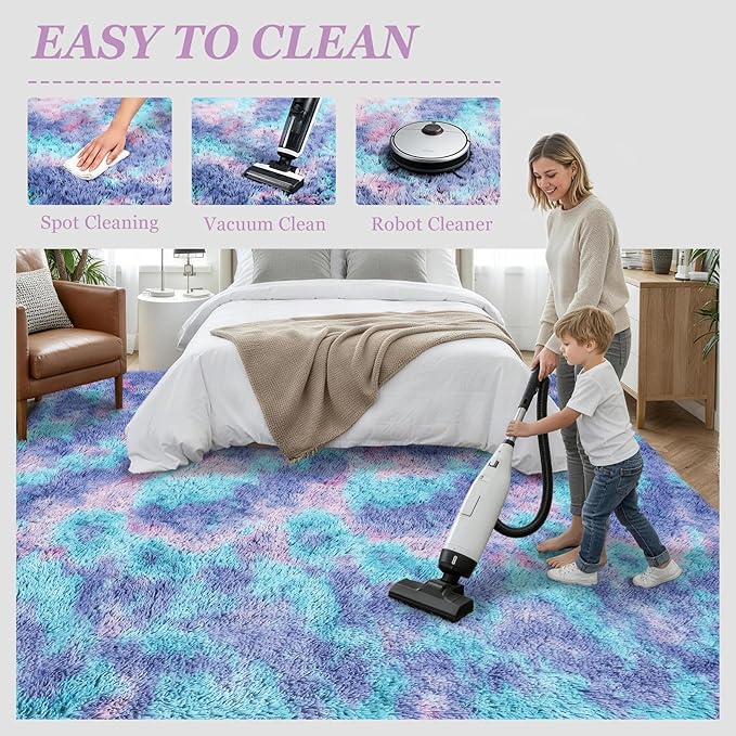 Fluffy Area Rugs 9x12 Living Room Bedroom: Ultra Soft Shag Rug Upgrade Non-Slip Non-Shedding Large Fuzzy Plush Carpet Indoor Floor Carpets for Kids Room Playroom Nursery Dorms Home Rainbow Purple