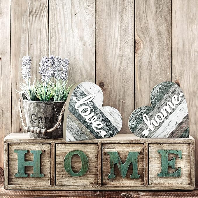 Jetec 2 Pcs Rustic Decorations for Living Room Home Shelf Mantel Entryway Table, Farmhouse Knick Knacks Christian Table Centerpiece Wooden Heart Decor for Dining Room Housewarming Gift(Vintage Style)