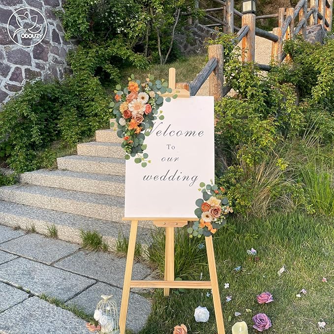 Odouzy Artificial Wedding Arch Flowers for Wedding Sign,Set of 2 for Wedding Welcome Ceremony Sign,Faux Floral Swags,Wedding, Banquet and Reception Backdrop Floral Decoration (Orange)