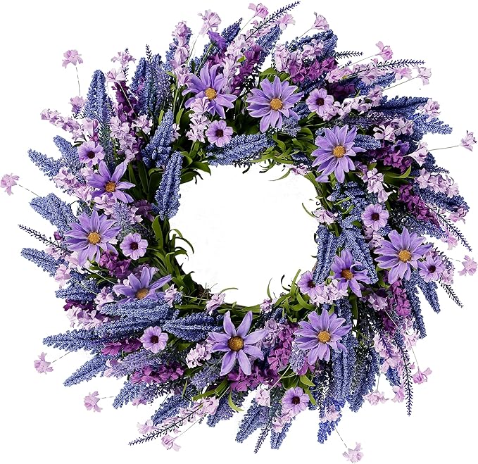 Sggvecsy Lavender Wreath for Front Door 22 Inch - Purple Daisy Spring Summer Artificial Wild Flower Greenery Leaves for All Seasons - Farmhouse Home Wall Indoor Outdoor Window Decor