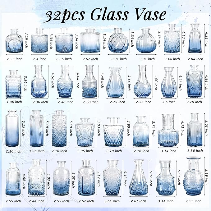 Der Rose Glass Bud Vases Set of 32 Small Blue Flower Vases for Rustic Wedding Centerpieces Table Decorations and Home Office Decor(Blue)
