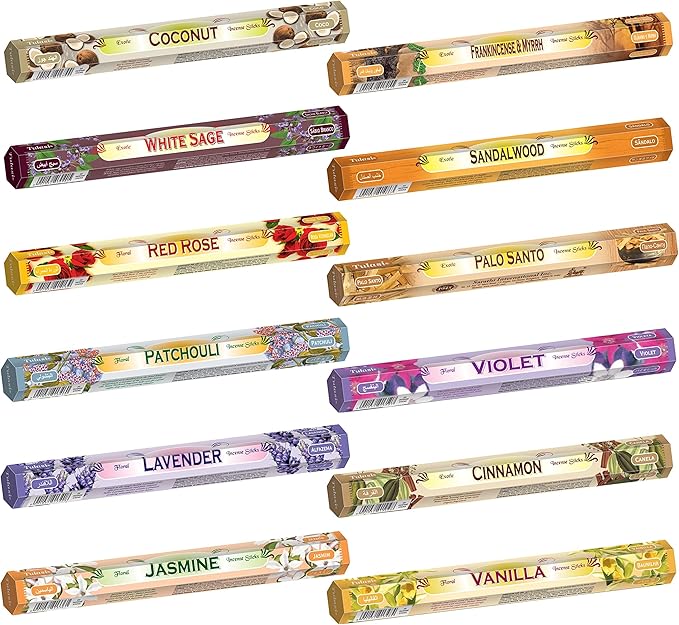 Tulasi Incense Sticks Pack of 12 Natural Scent (240 Sticks) Variety Fragrance of Coconut, White Sage, Red Rose, Palo Santo Lavender & Cinnamon etc, Ideal for Meditation & Positive Vibes