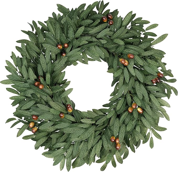 Olive Eucalyptu Wreaths for Front Door 24 Inch, Artificial Waterproof Green Lush Olive Branch Wreath with Berry for Home Outdoor Indoor Farmhouse Window Spring Summer All Seasons