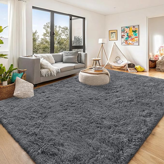 OLANLY 8x12 Machine Washable Large Area Rugs for Living Room, Bedroom, Soft Fluffy Shaggy Bedside Rug, Indoor Floor Carpet for Kids Girls and Boys, Dorms, Nursery, Home Decor Aesthetic, Grey