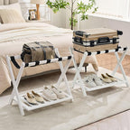 Fully Assembled Luggage Racks Pack of 2, Upgraded Bamboo Foldable Suitcase Stand with 5 Nylon Straps, 26.77" Thickened Luggage Stand Holder with Shelf for Guest Room Bedroom Hotel, White