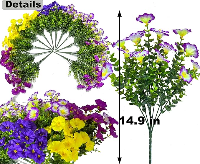 Artificial Faux Flowers for Outdoors, 12 Bundles Artificial Plants Outdoor UV Resistant, Fake Morning Glory Silk Flowers for Outside Planter Porch Patio Yard