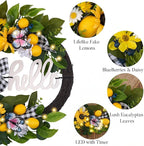 Valery Madelyn 24‘’ Collapsible Pre-lit Spring Summer Lemon Wreath for Front Door, Lighted Yellow Sunflower Wreaths with Hello Sign & Ribbon, Farmhouse Home Porch Wall Kitchen Amalfi Coast Decor