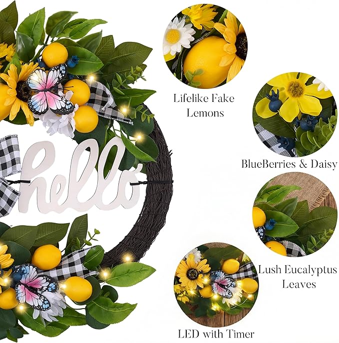 Valery Madelyn 24‘’ Collapsible Pre-lit Spring Summer Lemon Wreath for Front Door, Lighted Yellow Sunflower Wreaths with Hello Sign & Ribbon, Farmhouse Home Porch Wall Kitchen Amalfi Coast Decor