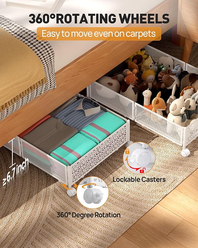 Under Bed Storage with Wheels, 2 Pack Foldable Metal Under Bed Storage Containers, 60L Rolling Underbed Storage, Easy Assembly Under The Bed Storage for Bedroom Clothes Shoes Blankets