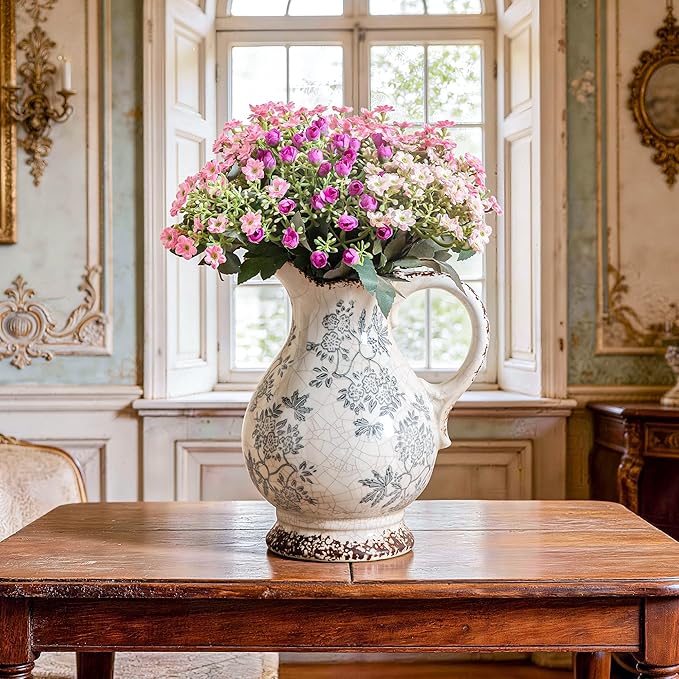 Enra Large Vintage Blue and White and Pitcher for Home Decor, 9.7 Inch Rustic Chinoiserie Decorative Vases, Green and Beige Ceramic Vases for Living Room, Kitchen, Office – Large Vases for Decor