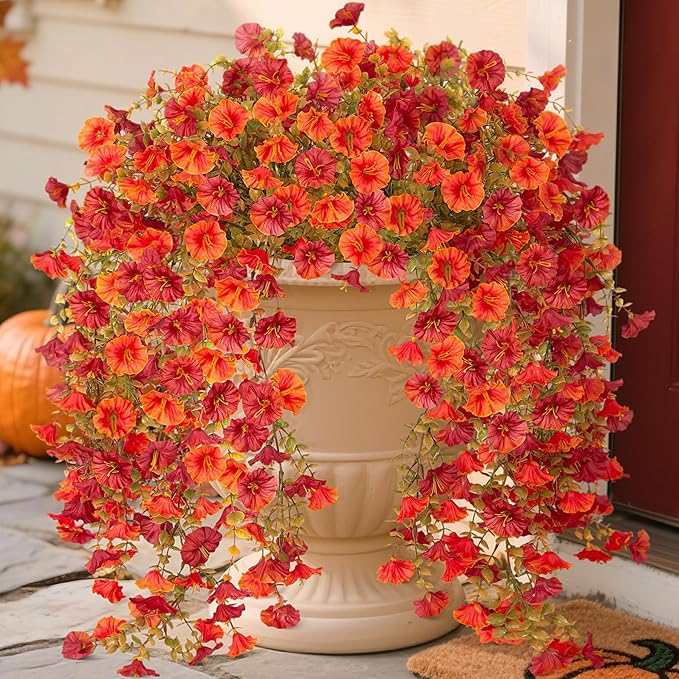 Fake Fall Hanging Flowers Artificial for Outdoor Decoration, 2 PCS Autumn Silk Faux Flowers Morning Glory with Eucalyptus Leaves, Realistic Hanging Plants for Wedding Home Office Garden Decor, Mix