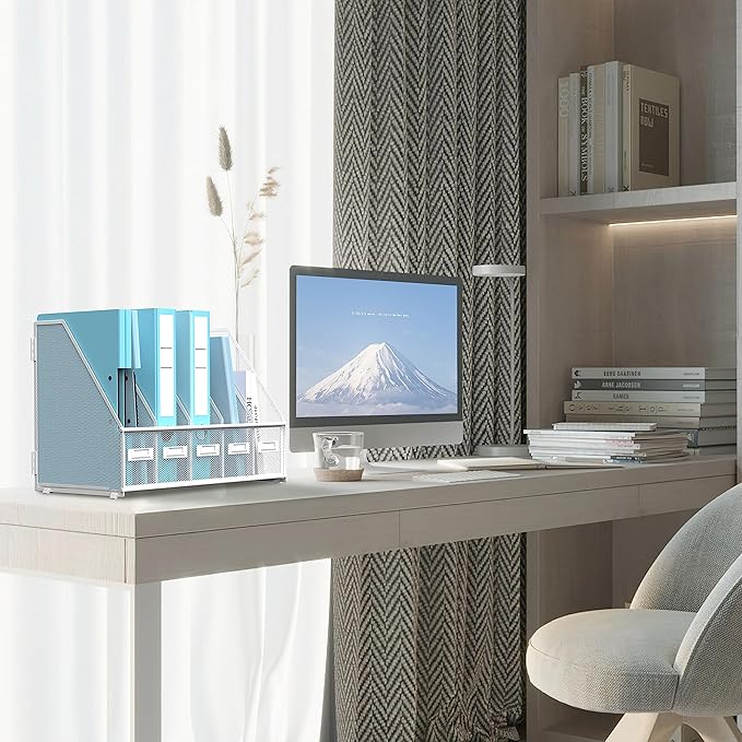 SUPEASY Desk Organizers Metal Desk Magazine File Holder with 5 Vertical Compartments Rack File Organizer for Office Desktop, Classroom, Home Workspace, White Plus
