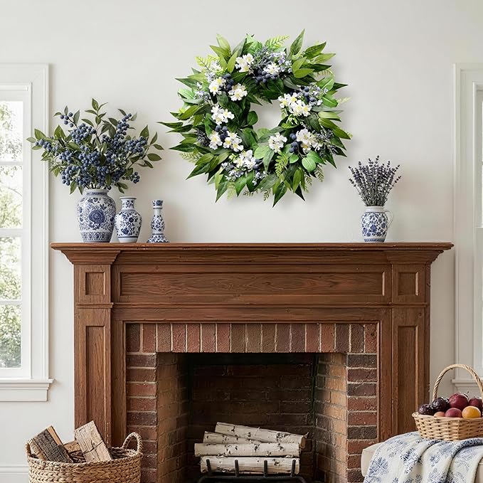 22 Inch Blueberry Spring Summer Wreath for Front Door, Artificial Wreath with Blue Berries and White Blossoms, Modern Farmhouse Wall Wedding Home Outdoor Decor, Year Round All Season Greenery Wreath