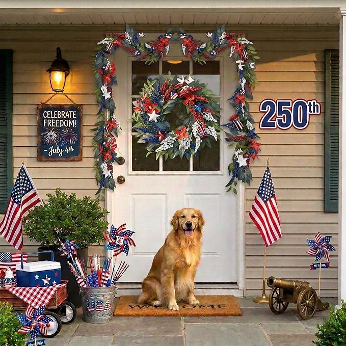 DecorbyHannah 4th of July Wreaths for Front Door, 18 inch Patriotic Wreath for Independence Day, Flag Day, Red White Blue Wreath Decorations with Top Hat Ornaments for Wall Porch USA 250th Holiday