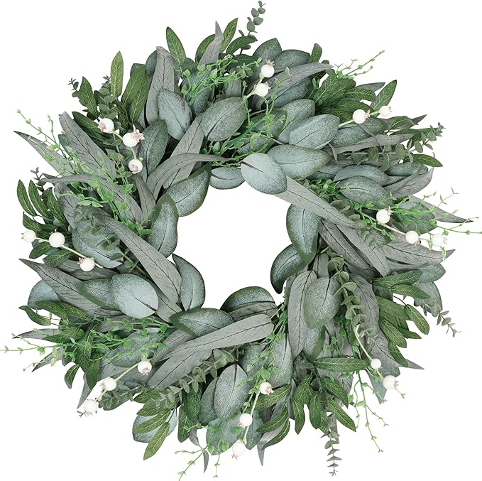 Vlorart 24 Inch Summer Wreath for Front Door, Artificial Outdoor Eucalyptus Wreath, Spring Green Wreaths for Front Door, Boxwood Wreaths with Berries and Olive Leaves for Outside Year Round