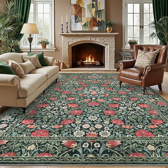 GarveeHome Green Vintage Floral Washable 6x9 Area Rugs for Living Room Boho Botanical Retro Rug Low Pile Stain Resistance Non Slip Carpet for Bedroom Nursery Dining Room