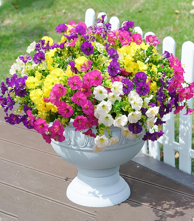 Artificial Flowers Fake Plants for Outdoors Decoration, 12 Bundles Silk Morning Glory with Eucalyptus Realistic UV Resistant Faux Flowers for Outside Planter Porch Yard Patio Garden Home Indoor, Mix