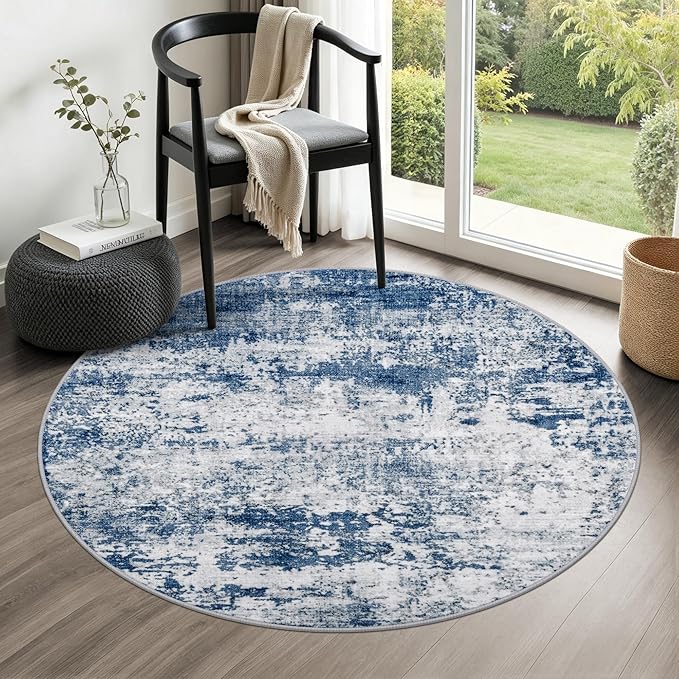 Round Area Rug for Living Room: 5 ft Washable Modern Abstract Soft Thin Rug Indoor Floor No Slip Stain Resistant Carpet for Bedroom Dining Room Farmhouse Nursery Home Office - Blue