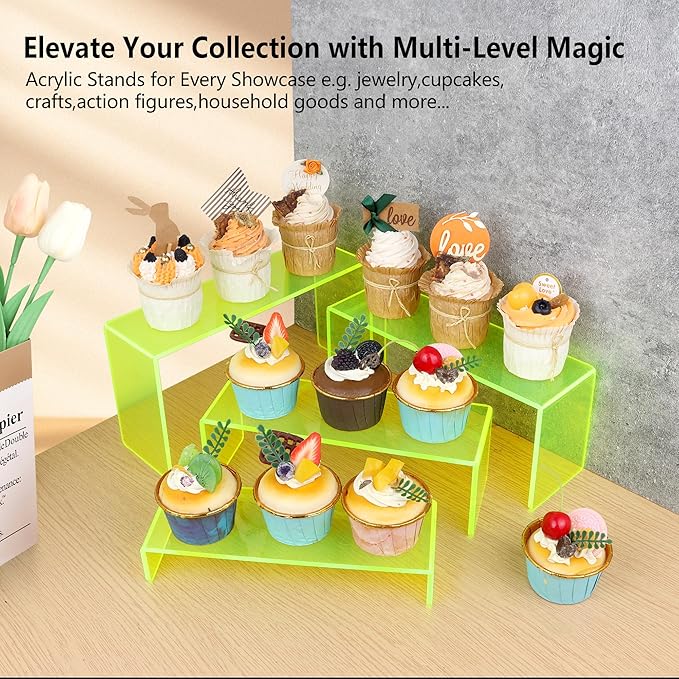 ELEGANTLIFE Acrylic Display Risers Set of 4, 4-Level Tiered Display Stands for Cupcakes, Small Figures & Jewelry, Compact Countertop Display Shelf, Multiple Colors Available (Light Green (Translucent))