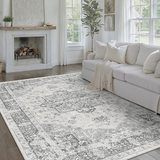 Gray 8x10 Area Rug Washable Vintage Living Room Carpet Non Slip Retro Distressed Low Pile Soft Oriental Medallion Thin Large Grey Throw Rug for Office Bedroom Dining Room Playroom