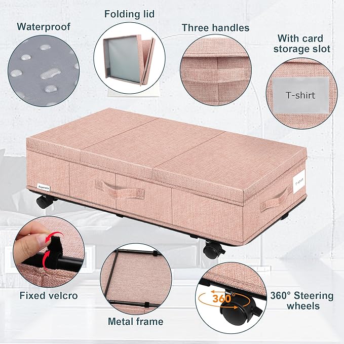 Under Bed Storage with Wheels, Rolling Underbed Storage Containers with Lids, Under Bed Shoe Storage Bins Organizer with Reinforced Metal Bottom Support and Three Handles