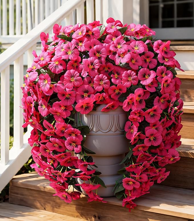 HyeFlora Artificial Flowers for Outdoors 2pcs Faux Silk Pansy Vines Lush UV Resistant Fake Hanging Flower Plants for Outside Porch Yard Patio Window Box (Rose)
