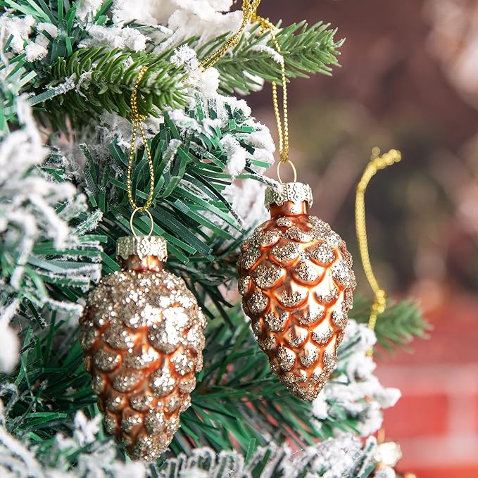 Watayo 12 Pcs Christmas Pinecone Glass Ornaments, Fall Hanging Pine Cone Painted Glass Ornaments, Glitter Pinecone Christmas Ornament for Xmas Tree DIY Crafts Fall Thanksgiving Day Decoration
