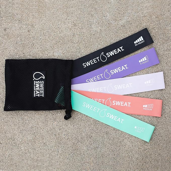 Sweet Sweat Mini Loop Resistance Bands - Set of 5 | Exercise Hip Booty Bands for Squats, Lunges, Physical Therapy, Yoga, Pilates, Rehab & Home or Gym Workouts