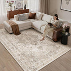 Taupe 5x7 Area Rug Washable Vintage Living Room Carpet Non Slip Retro Distressed Low Pile Soft Oriental Medallion Thin Throw Rug for Kitchen Bathroom Office Bedroom Dining Room