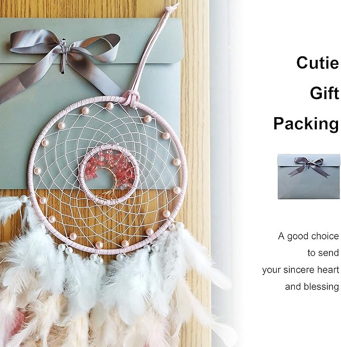 Dream Catchers, Pink Dream Catcher Tree of Life Wall Decor, with Natural Healing Crystal Stone, Perfect Pink Crystal Handmade Dreamlike Dream Catchers for Girls Bedroom Decor Art Craft Gift