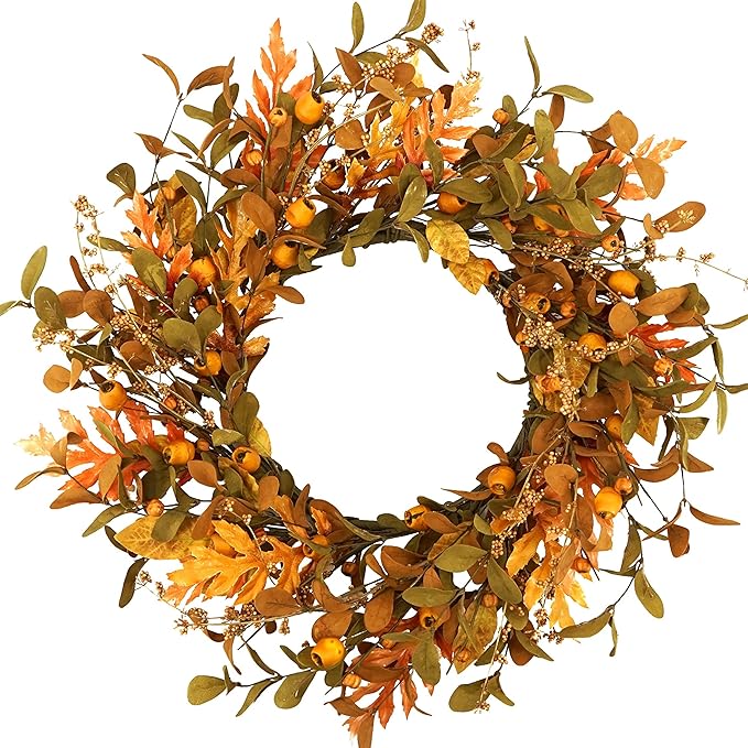 WreathDream 20'' Fall Wreath Autumn Wreath for Front Door with Small Pumpkins and Oak Leaves for Thanksgiving Halloween Home Outdoor Farmhouse Porch Wall Window Decoration,Brown Gift Box Included