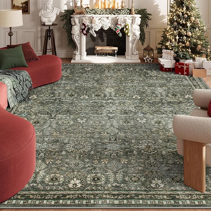 Lahome Green 10x14 Area Rugs for Living Room, Washable Vintage Large Floor Rugs for Bedroom, Rubber Backed Non-Slip Carpet for Dining Room Office