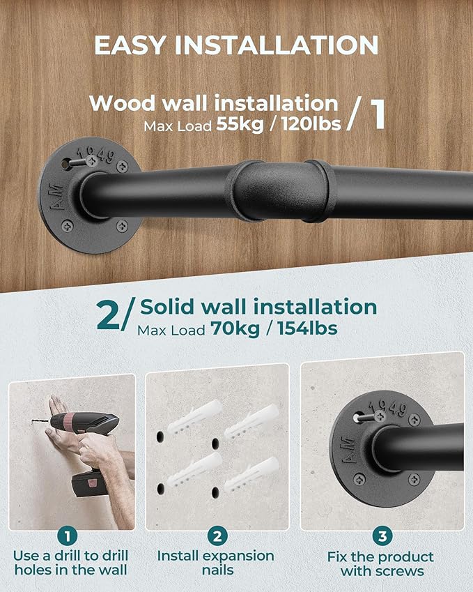 OROPY Clothes Rack, 65.7" Industrial Pipe Clothing Rack 2 Pack for Clothes, Wall Mounted Heavy Duty Space Saving Garment Rack for Closet Storage, Black, 3 Base