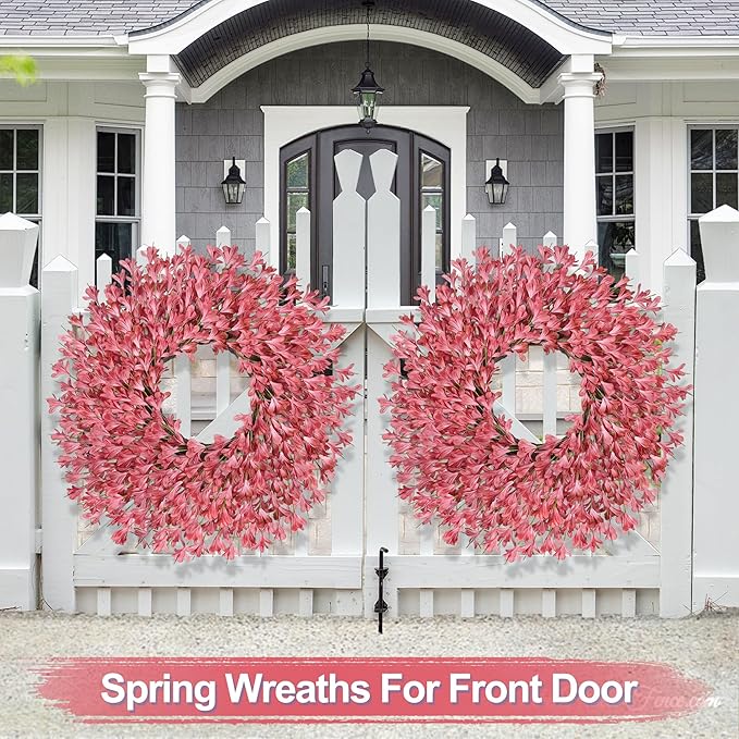 26 Inch Spring Wreaths for Front Door Large Easter Valentines Forsythia Floral Summer Spring Door Wreaths Outdoor All Season Spring Decorations for Home Porch Room Window Wall Farmhouse Decor(Pink-1)
