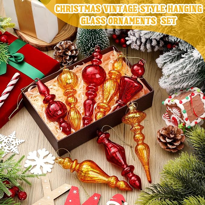Mifoci 8 Pcs 6 Inch Mercury Glass Finial Christmas Ornaments Hanging Christmas Finials Glass Ornaments Assorted Mercury Decor for Vintage Holiday Xmas Tree Decoration(Red, Gold)