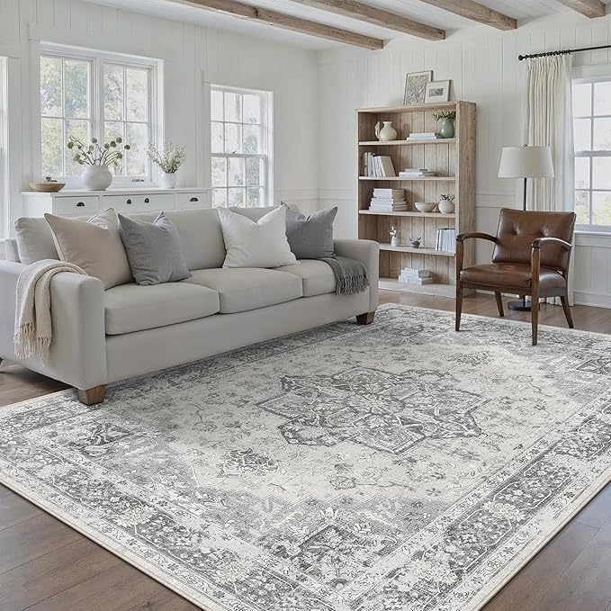 Gray 6x9 Area Rug Washable Vintage Living Room Carpet Non Slip Retro Distressed Low Pile Soft Oriental Medallion Thin Large Grey Throw Rug for Office Bedroom Dining Room Playroom