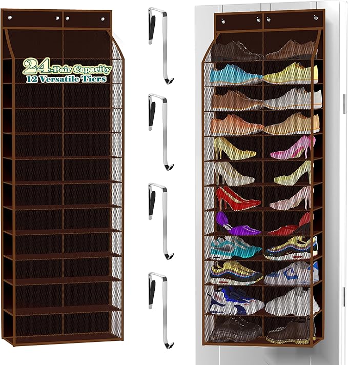 24-Pair Over Door Shoe Organizer for Family & Kids, Double Sided | Hanging Storage for Sneakers, Boots, Toys & Room Organization-Pearl Whitet-Walnut Brown