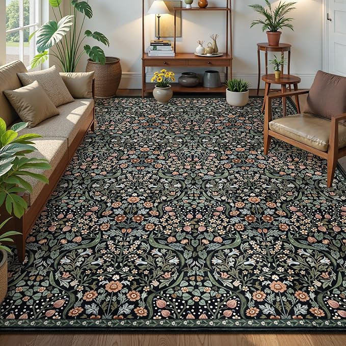 Moynesa Floral Washable Rugs 9x12, Soft Living Room Area Rugs 9x12 Large Boho Bedroom Rug, Non Slip Ultra Thin Soft Botanical Floor Carpet for Dining Room Home Office Farmhouse, Black