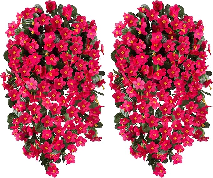 HyeFlora Artificial Fake Hanging Flowers for Spring Outdoor Outside Decoration, 2PCS Faux Silk Hotpink Daisy Plants UV Resistant Look Real Orchid Vines for Indoor Home Balcony Porch Planter